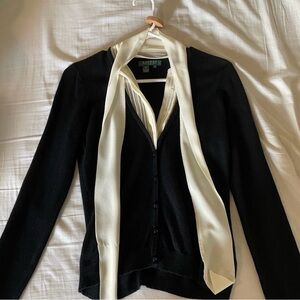 Black Cardigan with Cream Scarf